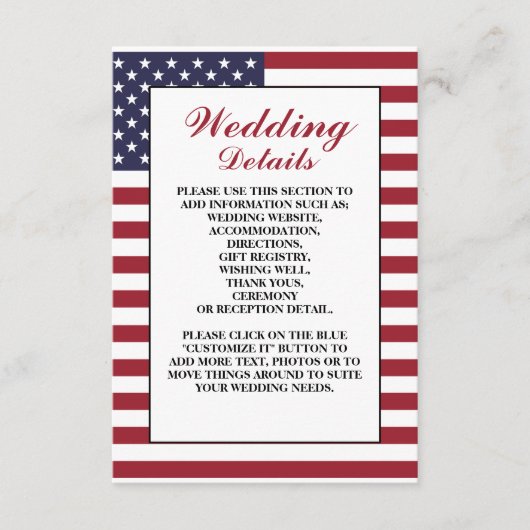 Amerikaanse vlag bruiloft detail informatiekaartje (Voorkant)
