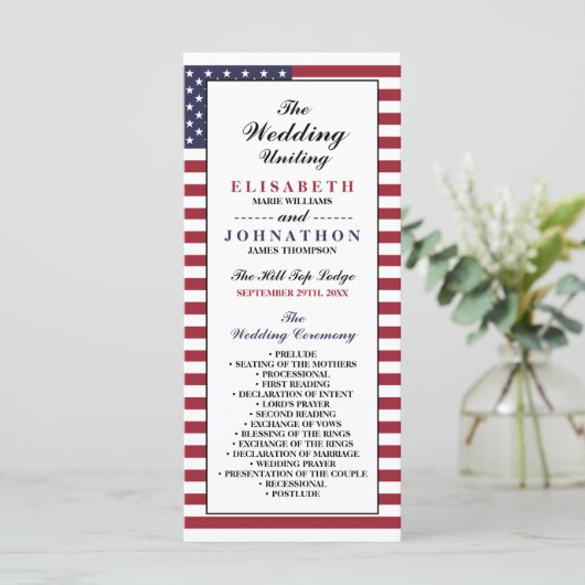 Amerikaanse vlag bruiloft programmakaart (Staand voorkant)