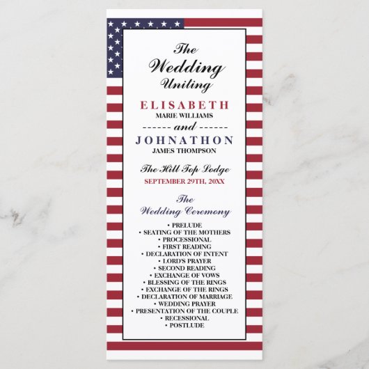 Amerikaanse vlag bruiloft programmakaart (Voorkant)