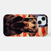 Amerikaanse vlag chocolade labrador iPhone 15 case (Achterkant horizontaal)