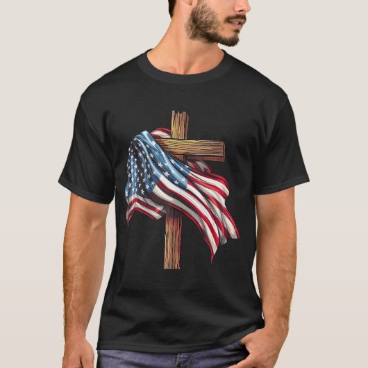 Amerikaanse vlag Christelijk kruis Jesus 4th of Ju T-shirt (Voorkant)