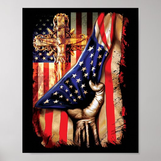 Amerikaanse vlag Cross Jesus Hand Pride Christelij Poster (Voorkant)