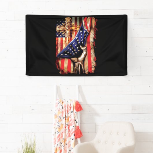 Amerikaanse vlag Cross Jesus Hand Pride Christelij Spandoek (Insitu)