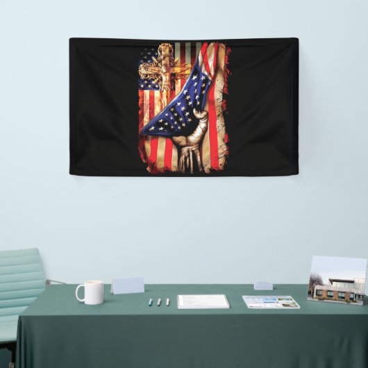 Amerikaanse vlag Cross Jesus Hand Pride Christelij Spandoek (Beurs)
