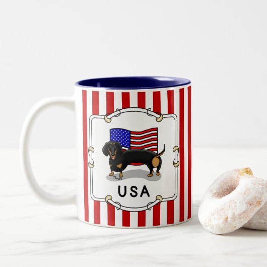 Amerikaanse vlag Dachshund Dachsie (zwart-wit) Tweekleurige Koffiemok (Met donut)