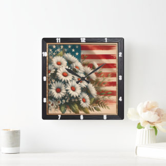 Amerikaanse vlag Daisies Patriotic Vierkante Klok