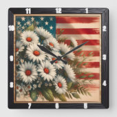 Amerikaanse vlag Daisies Patriotic Vierkante Klok (Voorkant)