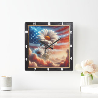 Amerikaanse vlag Daisies Patriotic Vierkante Klok