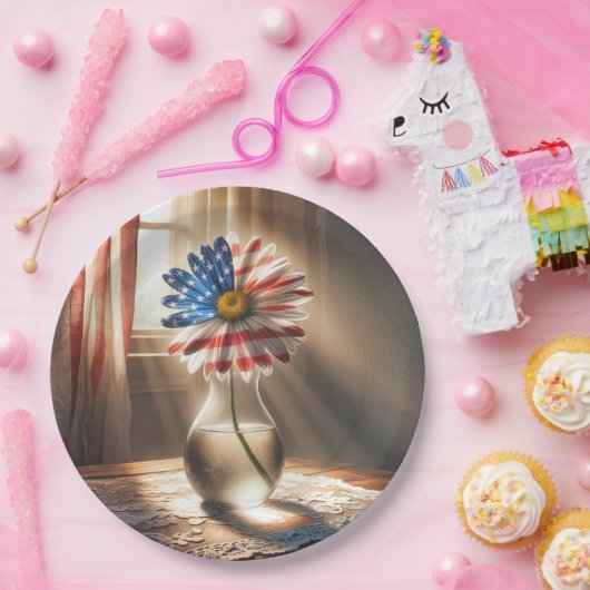 Amerikaanse vlag Daisy in glazen vaas Papieren Bordje (Feest)