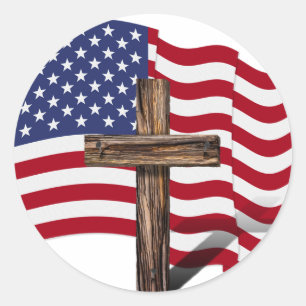 Amerikaanse vlag die wappert en ruwe kruis ronde sticker