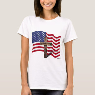 Amerikaanse vlag die wappert en ruwe kruis t-shirt