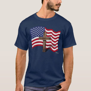 Amerikaanse vlag die wappert en ruwe kruis t-shirt