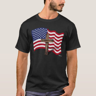 Amerikaanse vlag die wappert en ruwe kruis t-shirt