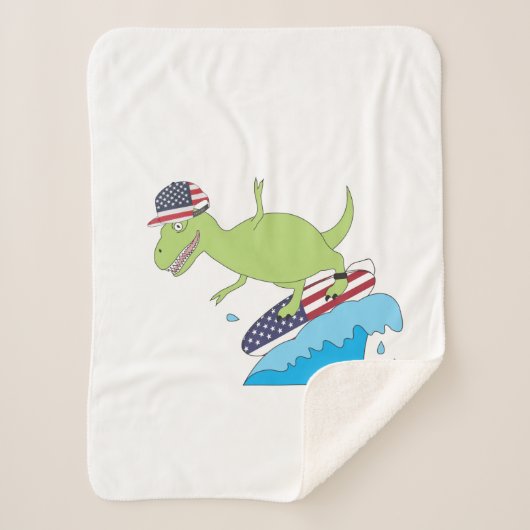 Amerikaanse vlag Dinosaur Surfing Sherpa Deken (Voorkant)