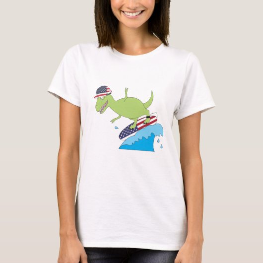 Amerikaanse vlag Dinosaur Surfing T-shirt (Voorkant)