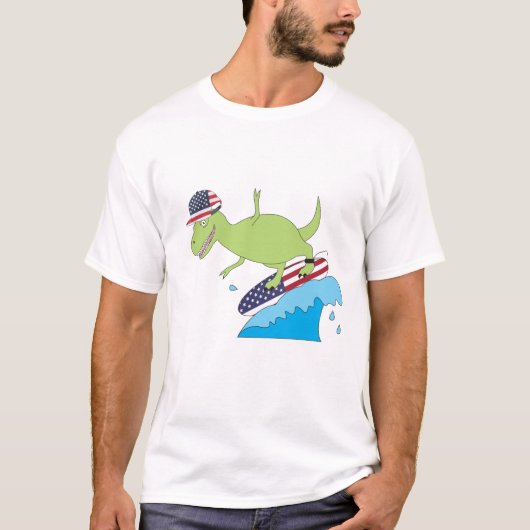Amerikaanse vlag Dinosaur Surfing T-shirt (Voorkant)