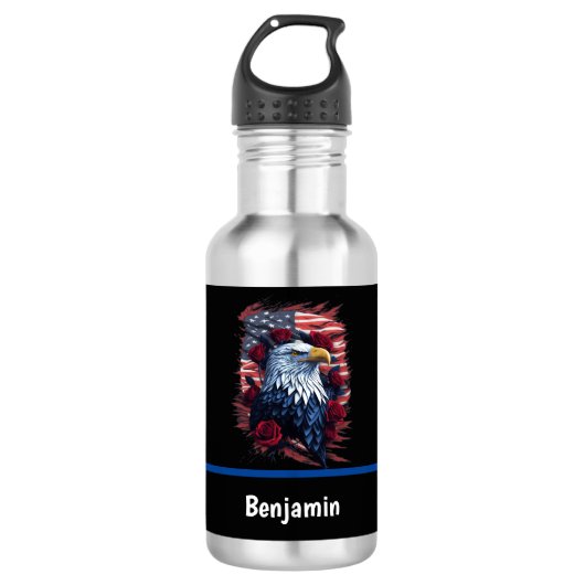 Amerikaanse Vlag Eagle Rozen Rood Wit Blauw Waterfles (Voorkant)