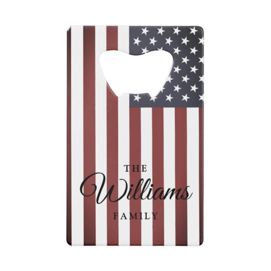 Amerikaanse vlag en aangepaste familienaam Creditkaart Flessenopener (Voorkant)