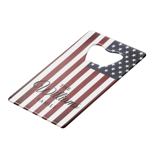  Amerikaanse vlag en aangepaste familienaam Creditkaart Flessenopener (Voorkant Gekanteld)