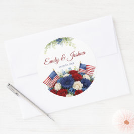Amerikaanse Vlag en Bloemen Bruiloft Ronde Sticker