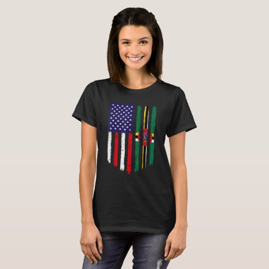 Amerikaanse vlag en Dominica-vlagpatriottisch T-shirt (Voorkant volledig)