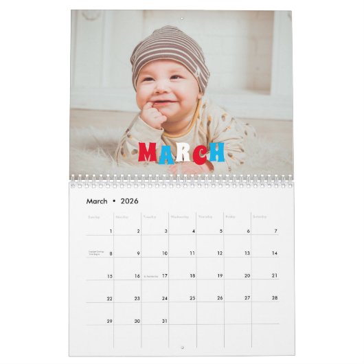 Amerikaanse vlag en familiefoto-retro kalender (Mar 2026)