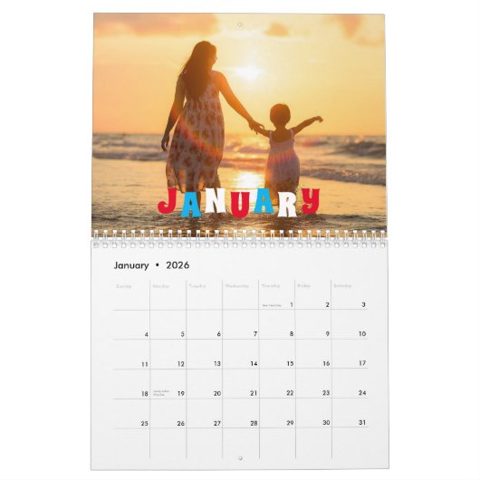 Amerikaanse vlag en familiefoto-retro kalender (Jan 2026)