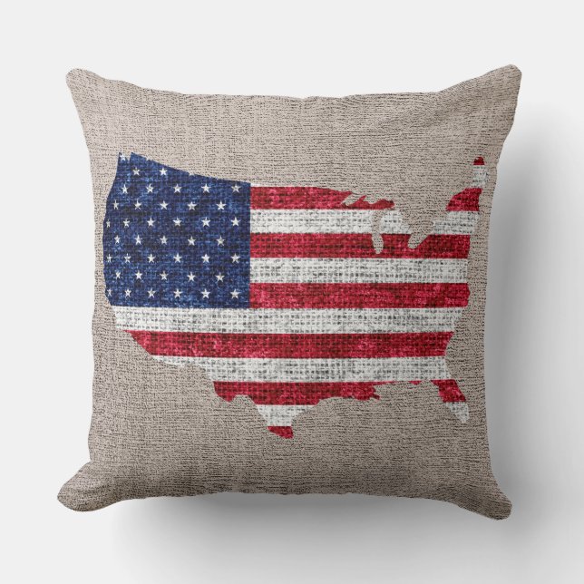 Amerikaanse vlag en Map Burlap Linen Rustic Jute # Kussen (Voorkant)