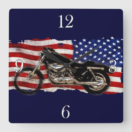 Amerikaanse vlag en motorfiets, motorfiets, patrio vierkante klok (Voorkant)