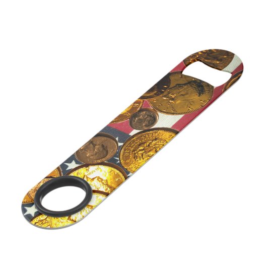 Amerikaanse vlag en munten roestvrij stalen flesop speed flessenopener (Achterkant Gekanteld)