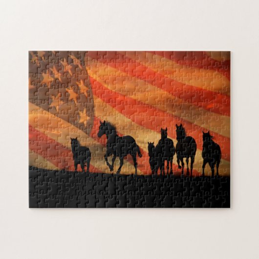 Amerikaanse vlag en Mustangs Wild Legpuzzel (Horizontaal)
