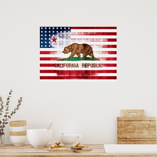 Amerikaanse vlag en vlag van Californië Poster (Keuken)