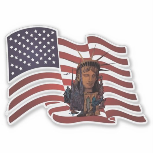 Amerikaanse vlag en Vrijheidsbeeld Sticker (Voorkant)