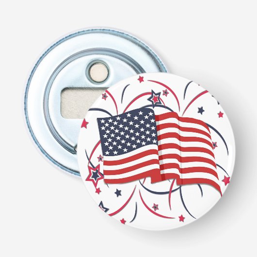 Amerikaanse vlag en vuurwerk button flesopener (Voorkant)
