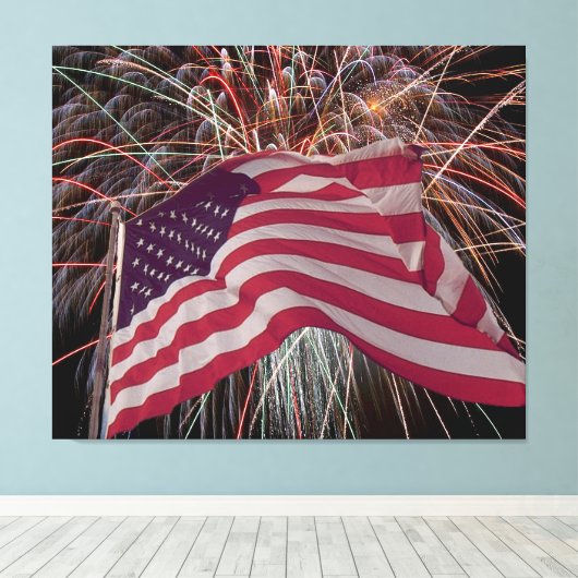 Amerikaanse vlag en vuurwerk canvas afdruk (Insitu (Houten vloer))