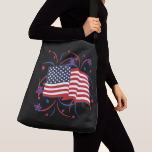 Amerikaanse vlag en vuurwerk op zwart crossbody tas