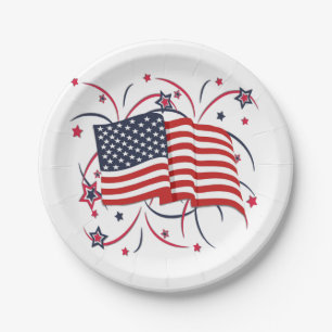 Amerikaanse vlag en vuurwerk papieren bordje