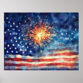 Amerikaanse vlag en vuurwerk.  poster