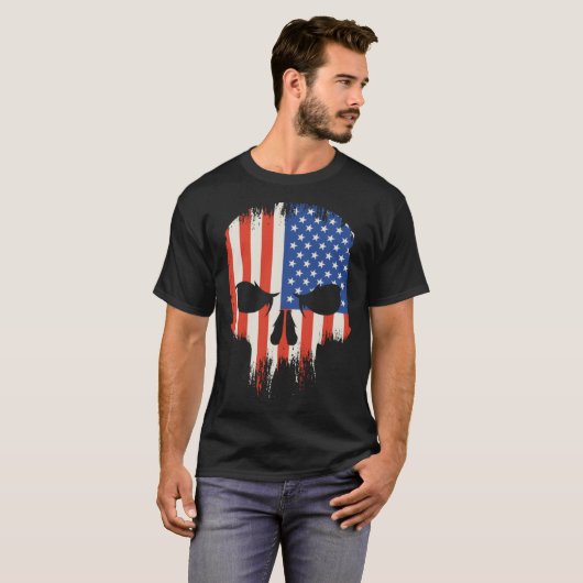 Amerikaanse vlag eng griezelige schedel boos t-shirt (Voorkant volledig)