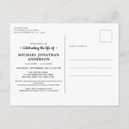 Amerikaanse vlag Flagviering van biofoto begrafeni Uitnodiging Briefkaart (Achterkant)