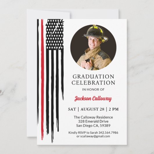 Amerikaanse vlag, foto brandweerman afstudeerfeest kaart (Voorkant)