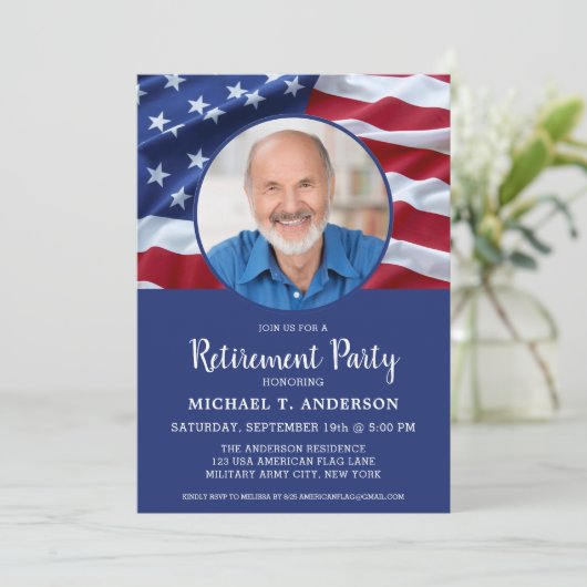 Amerikaanse Vlag Foto Militaire Pensionering Kaart (Staand voorkant)
