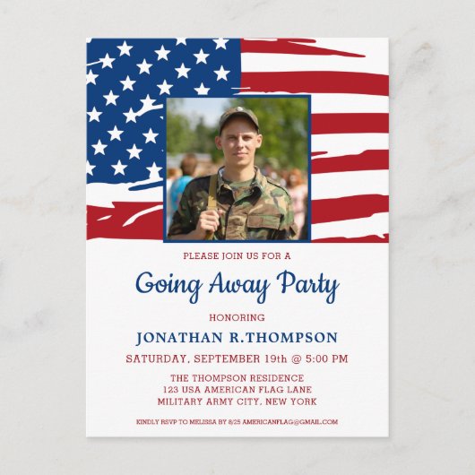 Amerikaanse vlag foto van het leger weggaan uitnodiging briefkaart (Voorkant)