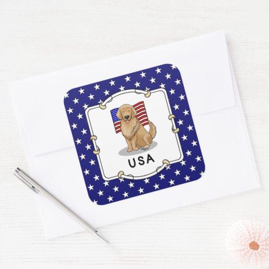Amerikaanse vlag Golden Retriever Dog Patriotic Vierkante Sticker (Envelop)