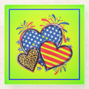 Amerikaanse Vlag Hart Luipaard Sublimatie-64210 Glazen Onderzetter