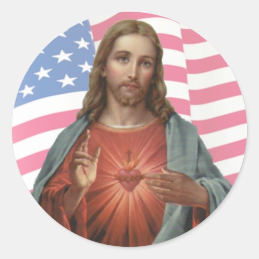 AMERIKAANSE VLAG HEILIG HART VAN JEZUS RONDE STICKER (Voorkant)