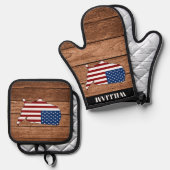 Amerikaanse vlag houten moderne douane ovenwant & pannenlap set (Voorkant / Achterkant)