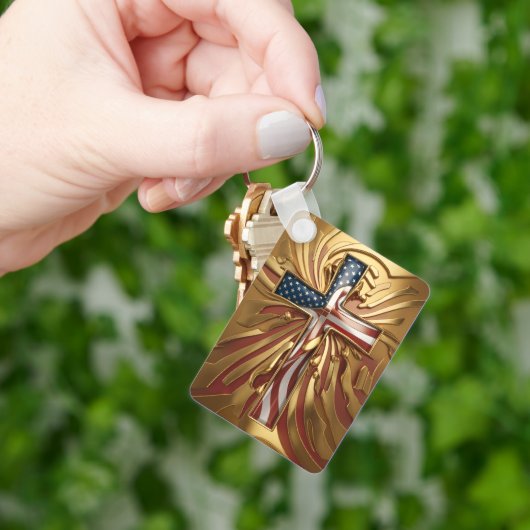 Amerikaanse Vlag in Gouden Kruis #5 Sleutelhanger (Hand)