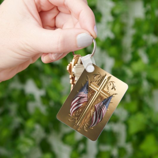 Amerikaanse vlag in gouden kruis #7 sleutelhanger (Hand)