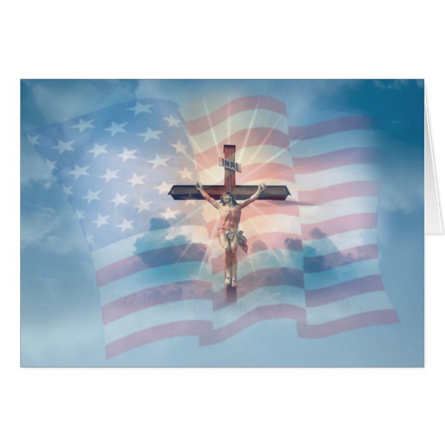Amerikaanse vlag Jezus op Crucifix Clouds (Voorkant Horizontaal)